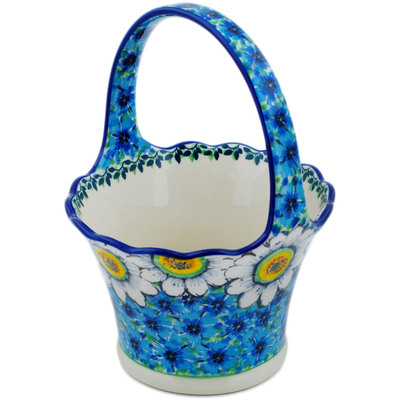 Polish Pottery Basket with Handle 8&quot; Pansies And Daisies UNIKAT