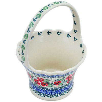 Polish Pottery Basket with Handle 8&quot; Red Pansy