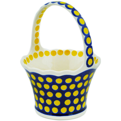 Polish Pottery Basket with Handle 8&quot; Yellow Dots