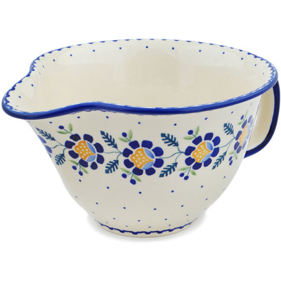 Polish Pottery Batter Bowl 11&quot; Orange And Blue Flower