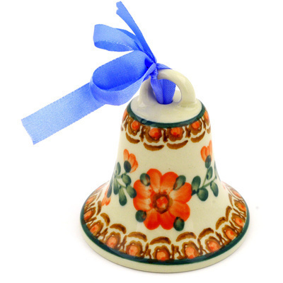 Polish Pottery Bell Ornament 3&quot; Orange Poppies