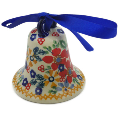 Polish Pottery Bell Ornament 3&quot; Ruby Bouquet UNIKAT