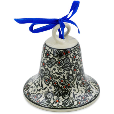 Polish Pottery Bell Ornament 4&quot; Classic Black And White UNIKAT