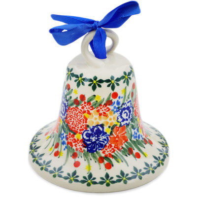 Polish Pottery Bell Ornament 4&quot; Red Bouquet UNIKAT