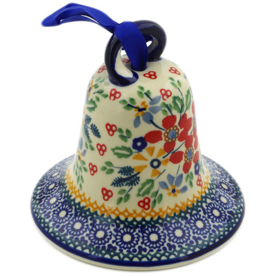 Polish Pottery Bell Ornament 4&quot; Ruby Bouquet UNIKAT