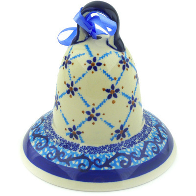 Polish Pottery Bell Ornament 5&quot; Blue Daisy Lattice
