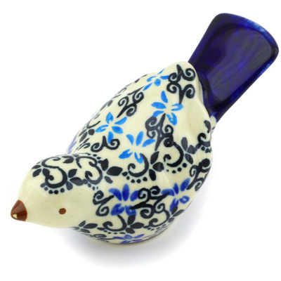 Polish Pottery Bird Figurine 4&quot; Black And Blue Lace