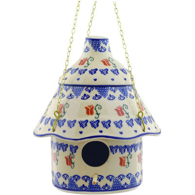 Polish Pottery Birdhouse 11&quot; Butterfly Tulips
