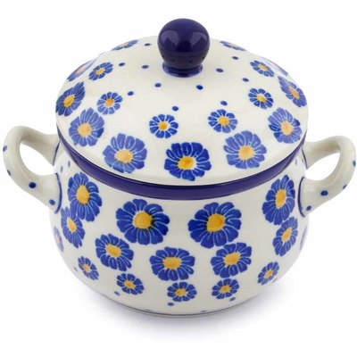 Polish Pottery Bouillon Cup with Lid 12 oz Blue Zinnia
