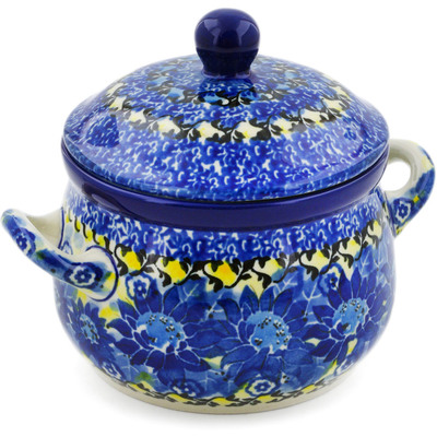 Polish Pottery Bouillon Cup with Lid 12 oz Deep Blue UNIKAT