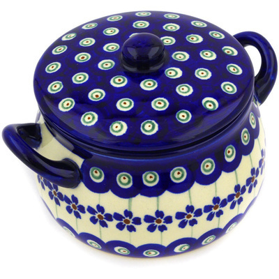 Polish Pottery Bouillon Cup with Lid 13 oz Flowering Peacock