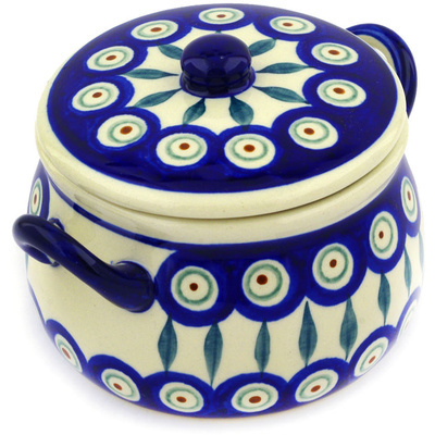 Polish Pottery Bouillon Cup with Lid 13 oz Peacock Leaves