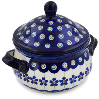Polish Pottery Bouillon Cup with Lid 14 oz Flowering Peacock