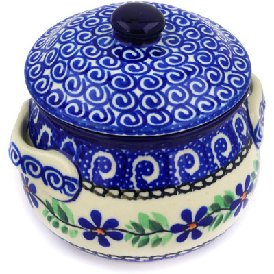 Polish Pottery Bouillon Cup with Lid 15 oz Blue Daisy Swirls
