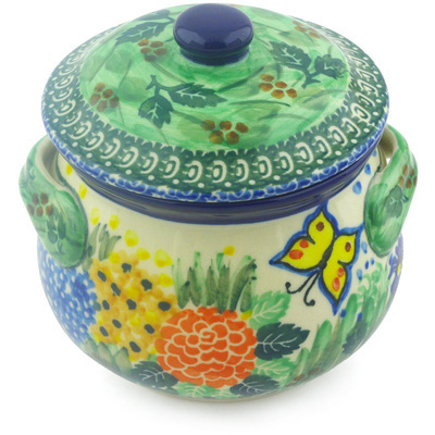 Polish Pottery Bouillon Cup with Lid 15 oz Spring Garden UNIKAT