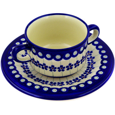 Polish Pottery Bouillon Cup with Saucer 13 oz Flowering Peacock