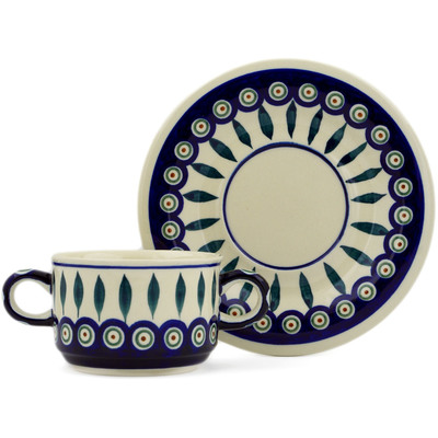 Polish Pottery Bouillon Cup with Saucer 13 oz Peacock Leaves