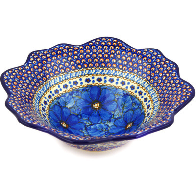 Polish Pottery Bowl 10&quot; Blue Poppies UNIKAT