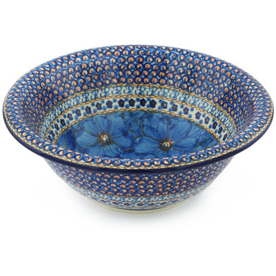 Polish Pottery Bowl 10&quot; Blue Poppies UNIKAT