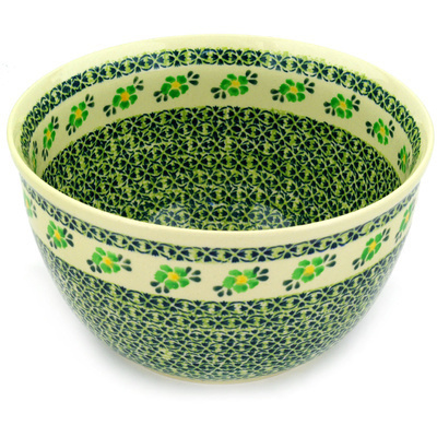Polish Pottery Bowl 10&quot; Lime Flowers