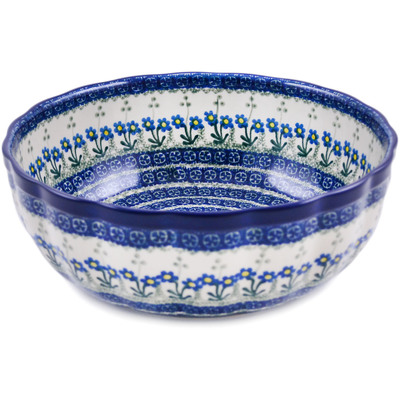 Polish Pottery Bowl 11&quot; Blue Daisy Circle