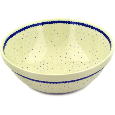 Polish Pottery Bowl 11&quot; Blue Polka Dot