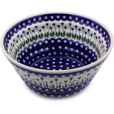 Polish Pottery Bowl 11&quot; Blue Tulip Peacock