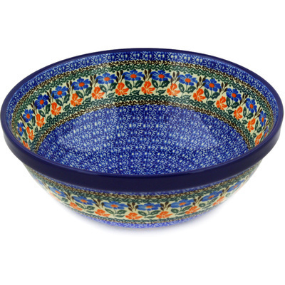 Polish Pottery Bowl 11&quot; Orange And Blue Delight