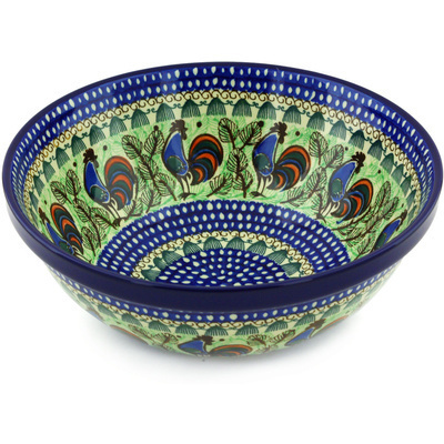 Polish Pottery Bowl 11&quot; Rooster Row UNIKAT