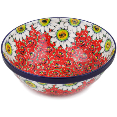 Polish Pottery Bowl 11&quot; Sweet Red Petals UNIKAT