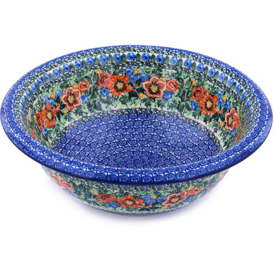 Polish Pottery Bowl 12&quot; Blue Daisy Bouquet UNIKAT