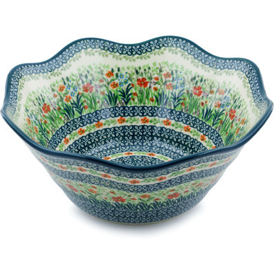 Polish Pottery Bowl 12&quot; Red Garden UNIKAT
