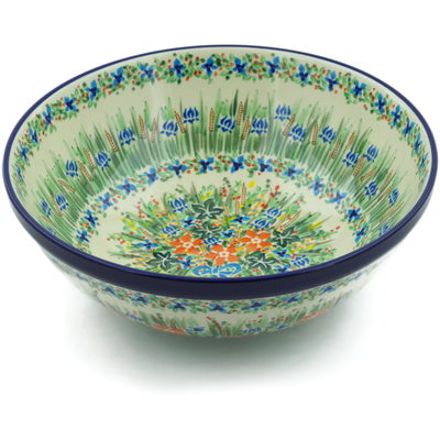 Polish Pottery Bowl 13&quot; Blue Ribbon Bouquet UNIKAT