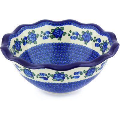 Polish Pottery Bowl 14&quot; Blue Poppies