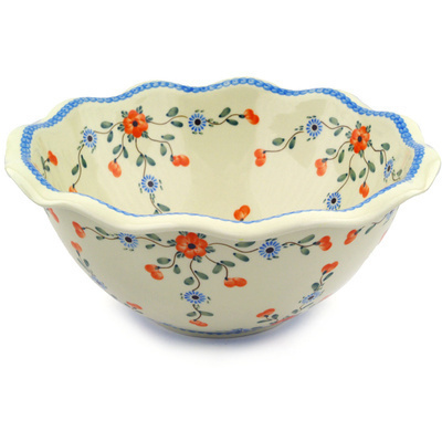 Polish Pottery Bowl 14&quot; Cherry Blossoms