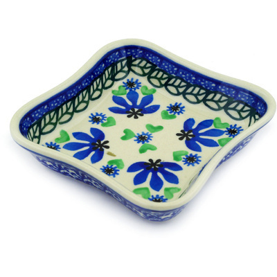 Polish Pottery Bowl 4&quot; Blue Fan Flowers