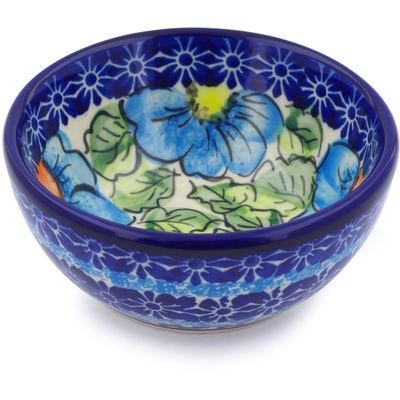 Polish Pottery Bowl 4&quot; Bold Blue Poppies UNIKAT