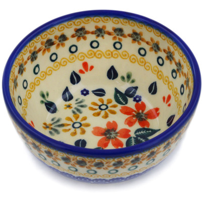 Polish Pottery Bowl 4&quot; Red Anemone Meadow UNIKAT