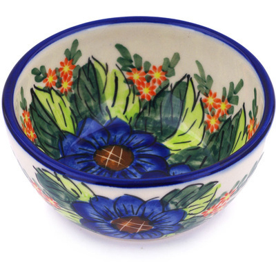Polish Pottery Bowl 5&quot; Blue Bouquet UNIKAT