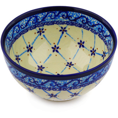 Polish Pottery Bowl 5&quot; Blue Daisy Lattice