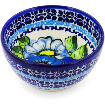 Polish Pottery Bowl 5&quot; Bold Blue Poppies UNIKAT