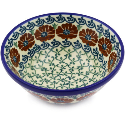 Polish Pottery Bowl 5&quot; Brown Poppy Vines