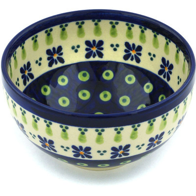 Polish Pottery Bowl 5&quot; Green Gingham Peacock