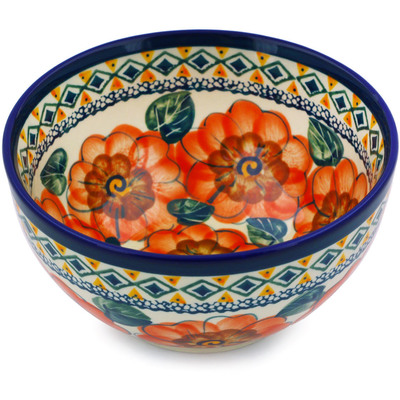 Polish Pottery Bowl 5&quot; Peach Poppies UNIKAT