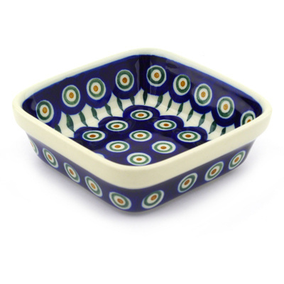 Polish Pottery Bowl 5&quot; Peacock Leaves