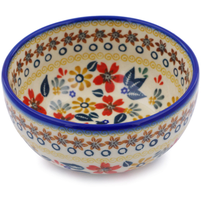 Polish Pottery Bowl 5&quot; Red Anemone Meadow UNIKAT