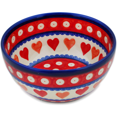 Polish Pottery Bowl 5&quot; Red Eyes With Hearts UNIKAT