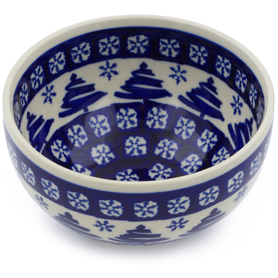 Polish Pottery Bowl 5&quot; Winter Snowflake And Pine Tree