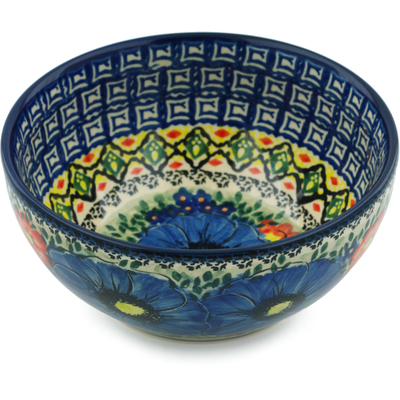 Polish Pottery Bowl 6&quot; Aztec Flowers UNIKAT