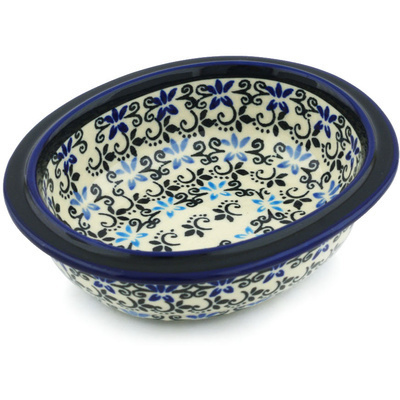 Polish Pottery Bowl 6&quot; Black And Blue Lace